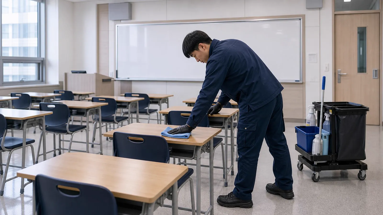 책상과 손잡이처럼 접촉이 잦은 표면을 청소하는 과정