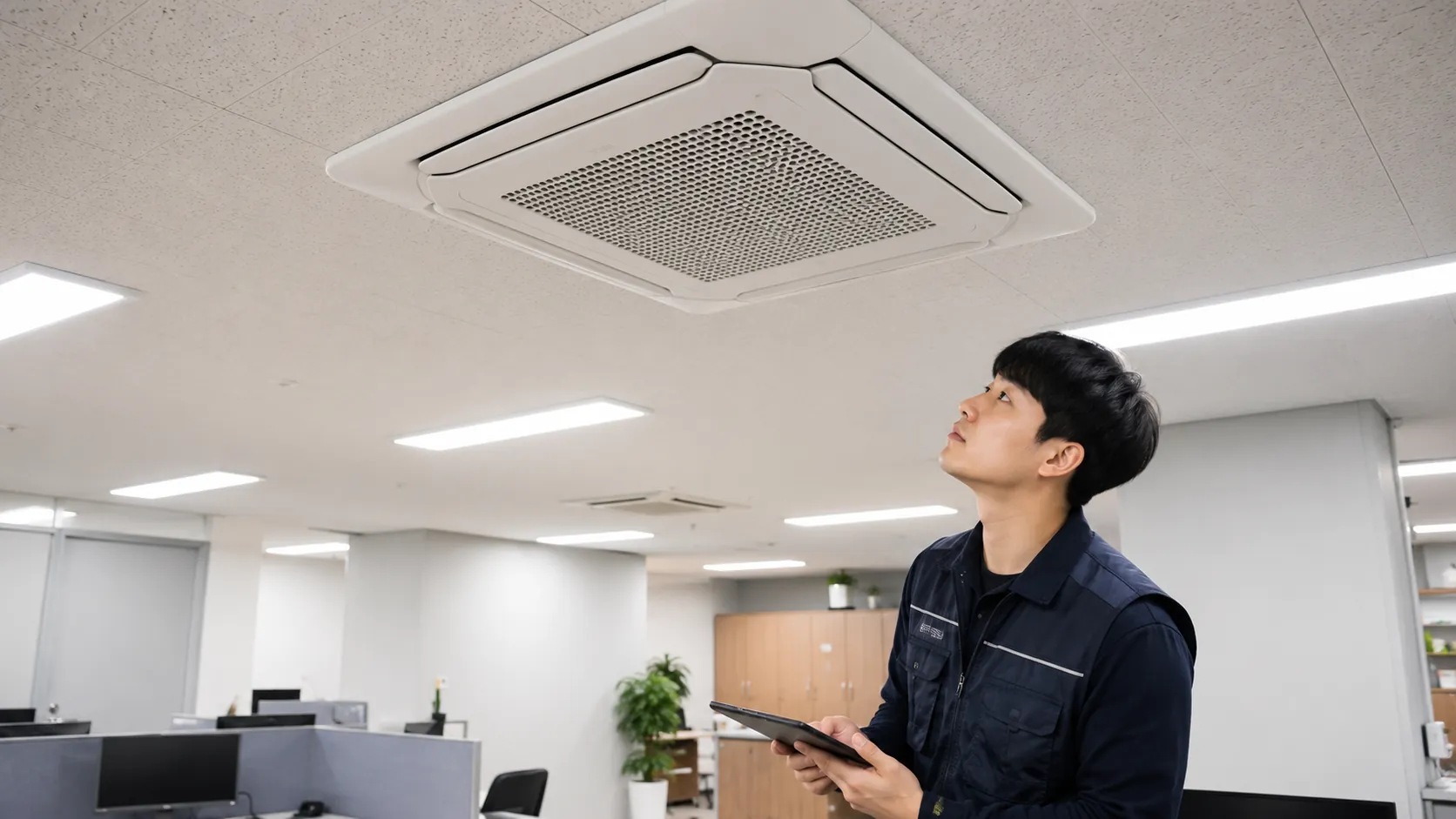 시스템에어컨 세척 전 사무실 집기와 바닥을 보양한 작업 과정