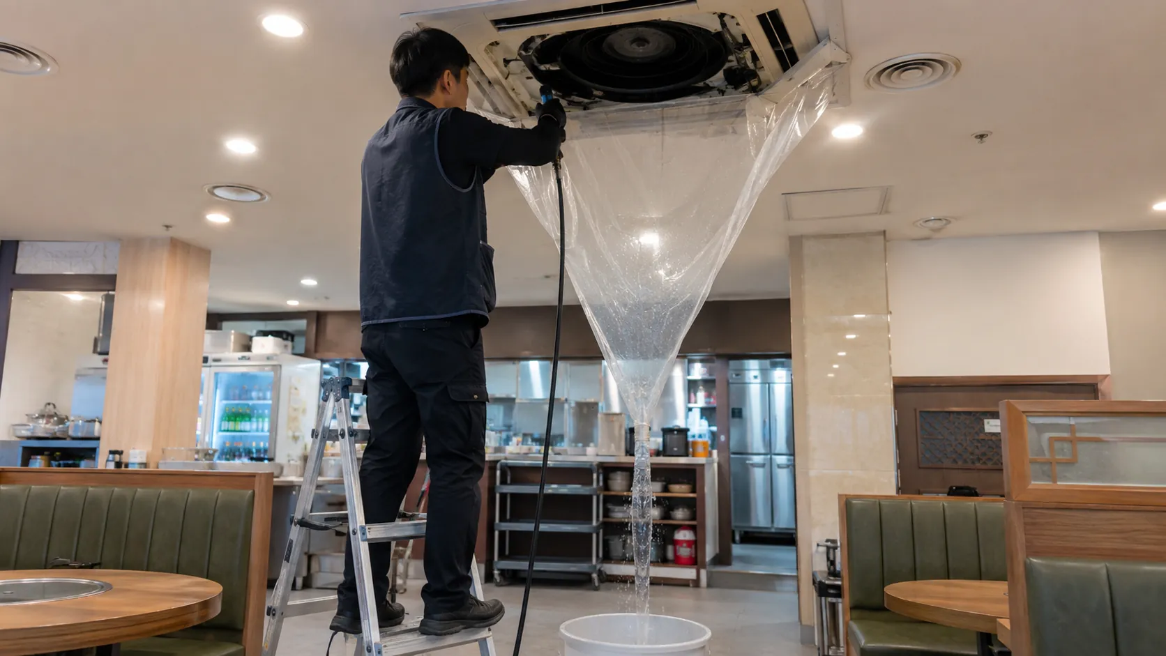 여러 시스템에어컨이 설치된 사무실 작업 환경을 확인하는 작업 과정